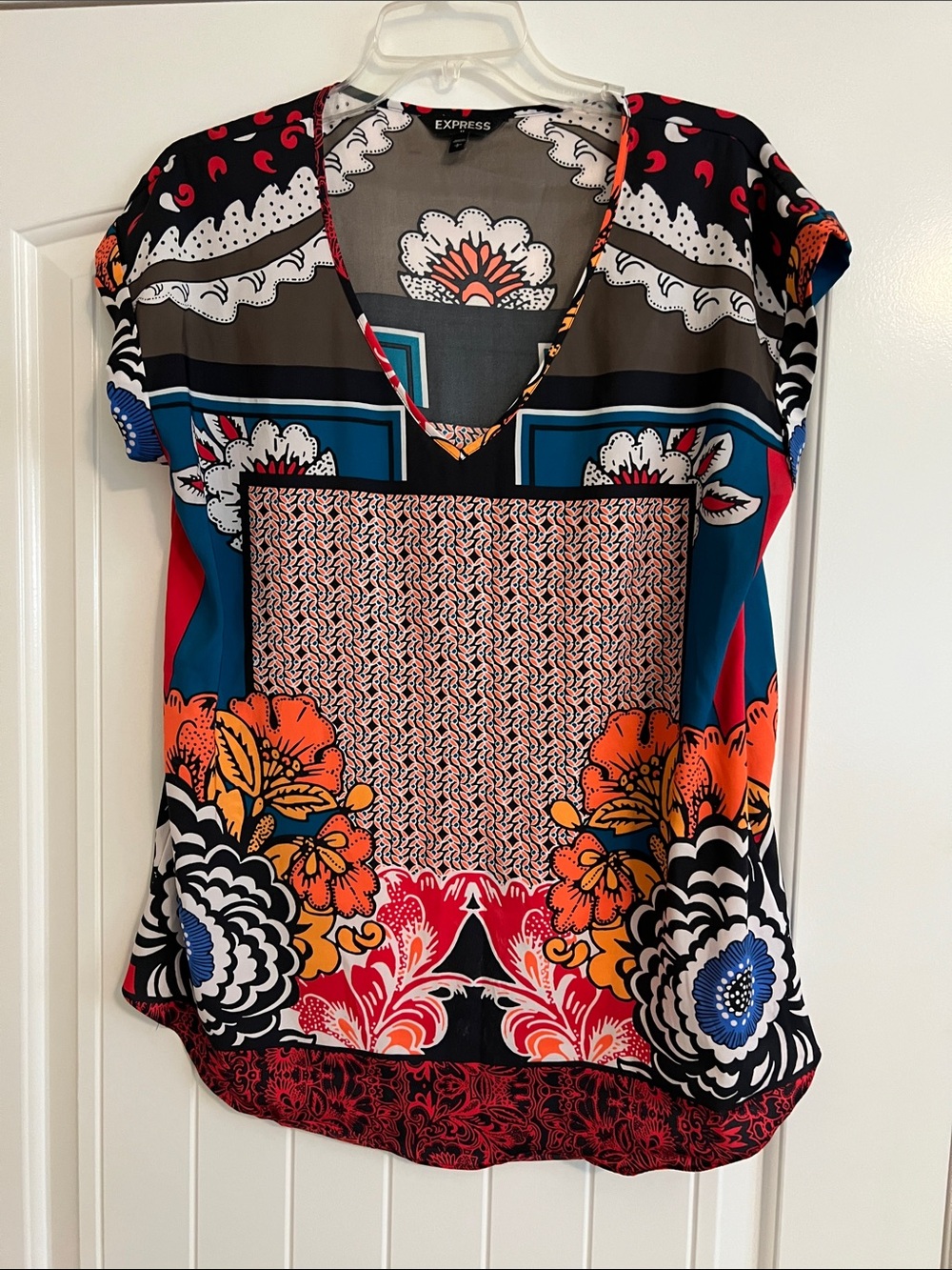 Express Multicolor Floral & Geometric V-Neck Blouse — Orange, Blue, Black, Cream